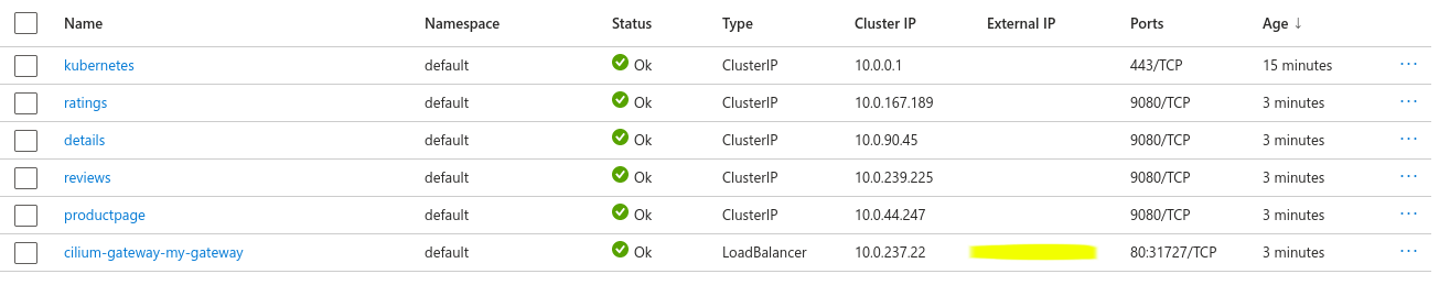 Kubernetes services created by the sample